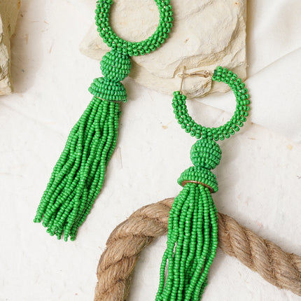 Green Beaded Long Fall Earrings