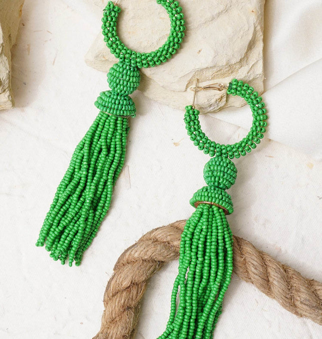 Green Beaded Long Fall Earrings - HASHTACK