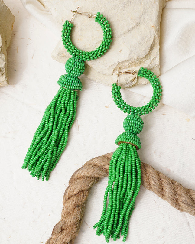 Green Beaded Long Fall Earrings