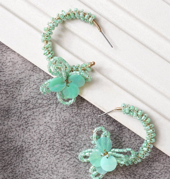 Mint Green Mini Beaded Flower Hoops - HASHTACK