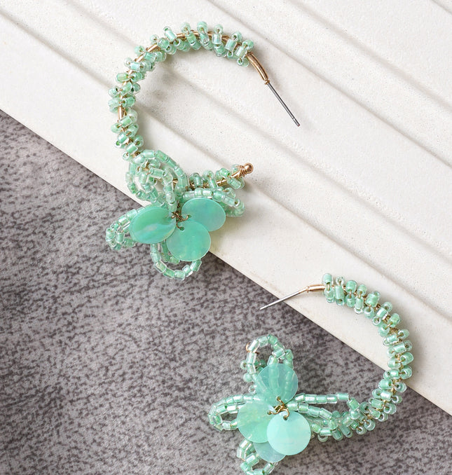 Mint Green Mini Beaded Flower Hoops