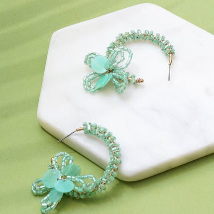 Mint Green Mini Beaded Flower Hoops