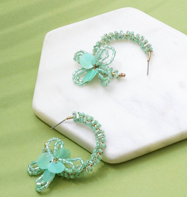 Mint Green Mini Beaded Flower Hoops - HASHTACK