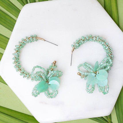 Mint Green Mini Beaded Flower Hoops