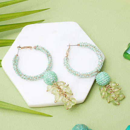 Green Beaded Hoops Earrings