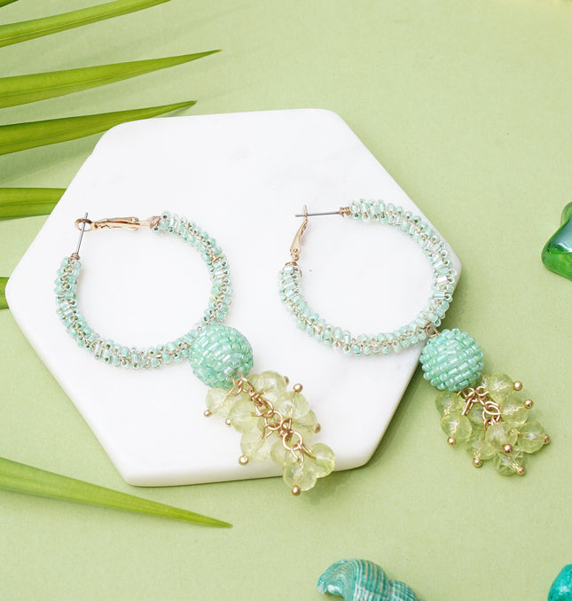 Green Beaded Hoops Earrings