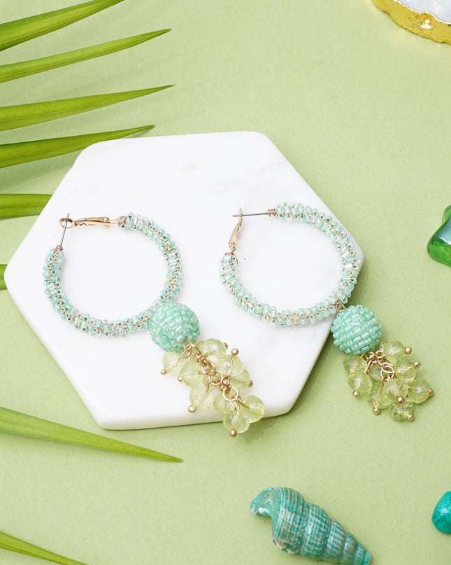 Green Beaded Hoops Earrings