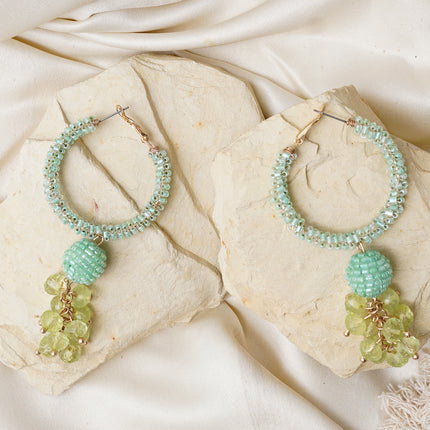 Green Beaded Hoops Earrings