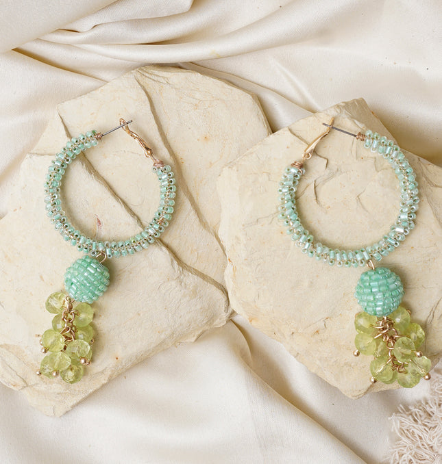 Green Beaded Hoops Earrings
