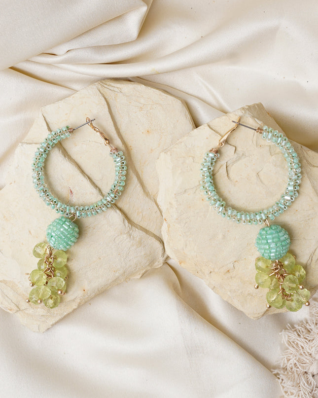 Green Beaded Hoops Earrings