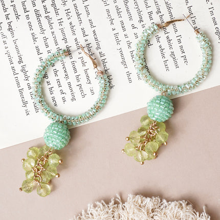 Green Beaded Hoops Earrings