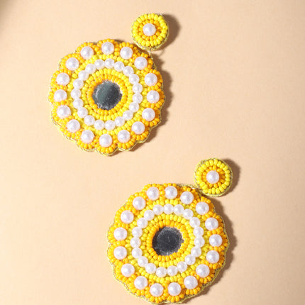 Yellow Beaded Sun Flower Earrings