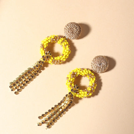 Yellow Beaded Drop Chain Earrings