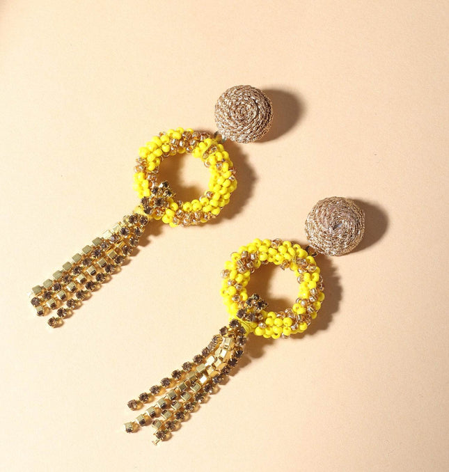Yellow Beaded Drop Chain Earrings - HASHTACK