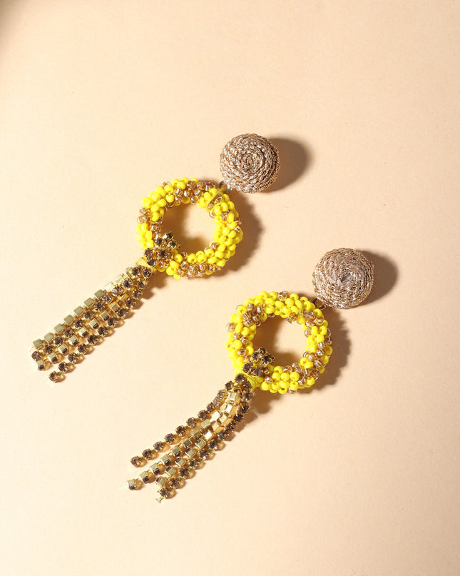 Yellow Beaded Drop Chain Earrings