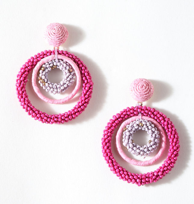 Multi Pink Beaded Triple Ring Earrings