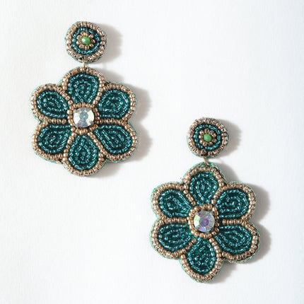 Green Beaded Flower Earrings