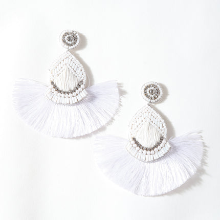 White Beaded Drop Tassel Earrings