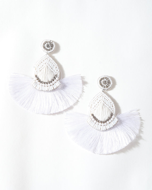 White Beaded Drop Tassel Earrings