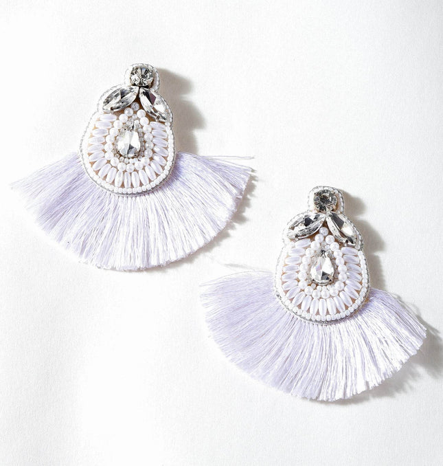 White Fan Fringe Stone Earrings - HASHTACK