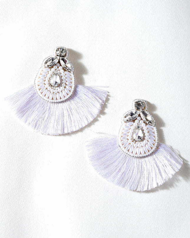 White Fan Fringe Stone Earrings