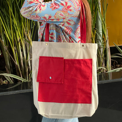 Red Dual Pocket Canvas Tote Bag