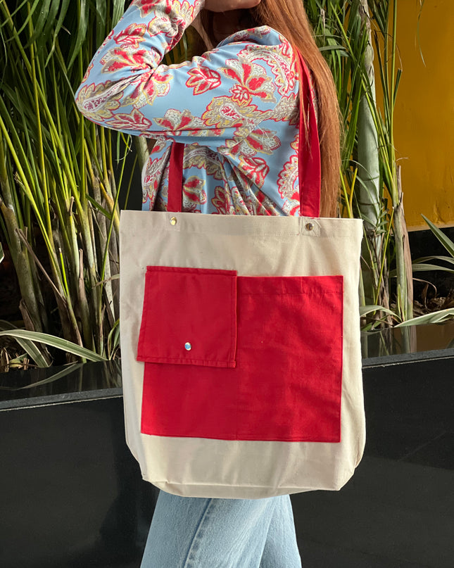 Red Dual Pocket Canvas Tote Bag