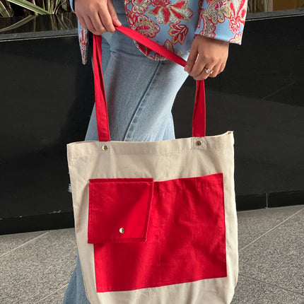 Red Dual Pocket Canvas Tote Bag