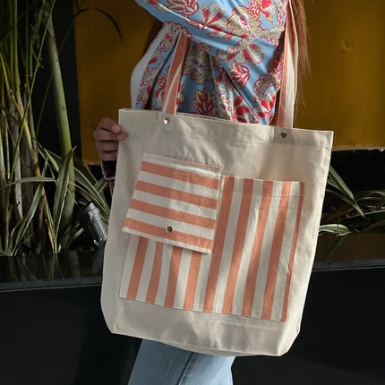 Dual-Pocket Striped Canvas Tote Bag