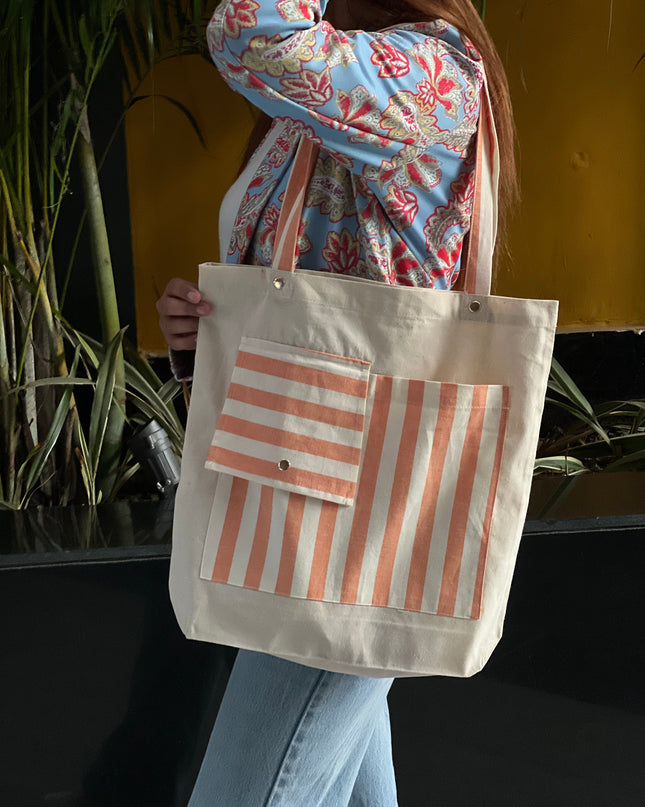 Dual-Pocket Striped Canvas Tote Bag