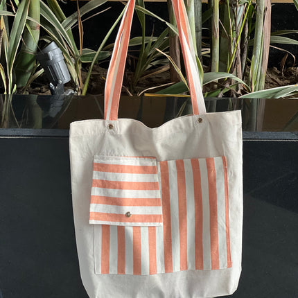 Dual-Pocket Striped Canvas Tote Bag