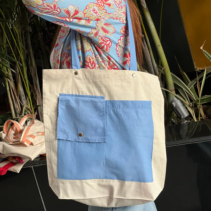 Blue Dual Pocket Canvas Tote Bag