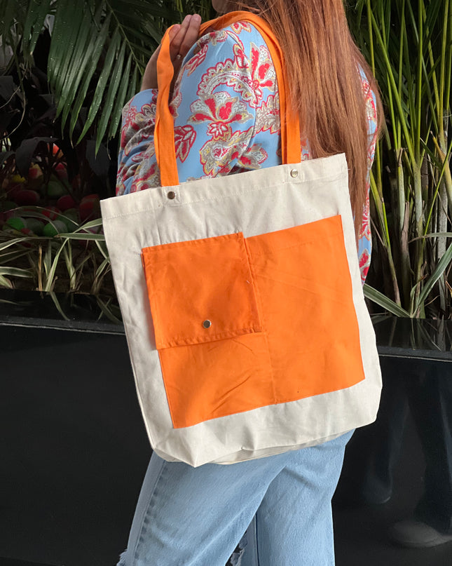 Orange Dual Pocket Canvas Tote Bag