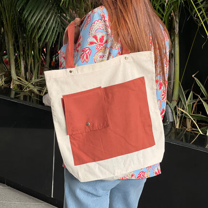 Brown Dual Pocket Canvas Tote Bag