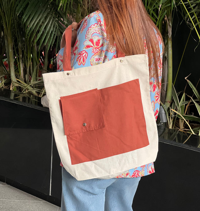 Brown Dual Pocket Canvas Tote Bag