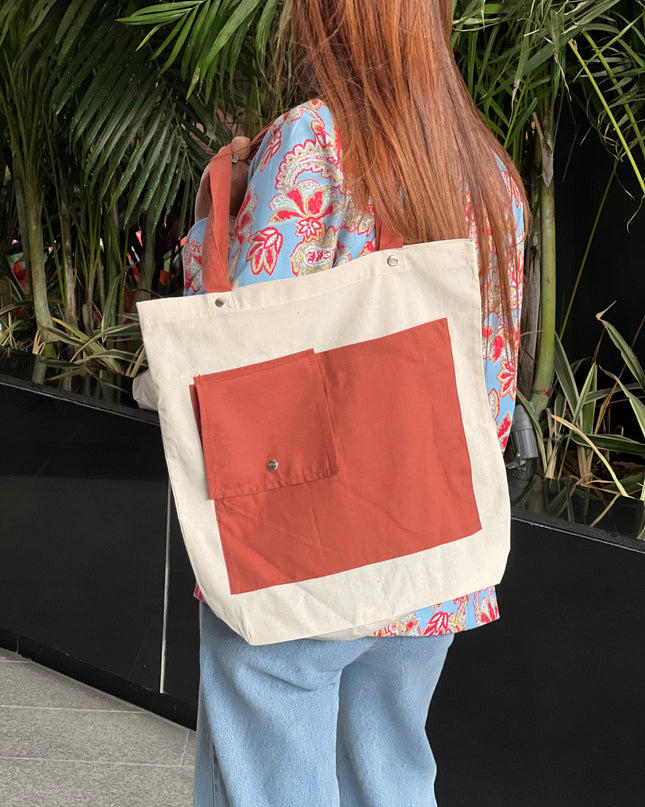 Brown Dual Pocket Canvas Tote Bag