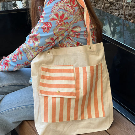 Dual-Pocket Striped Canvas Tote Bag