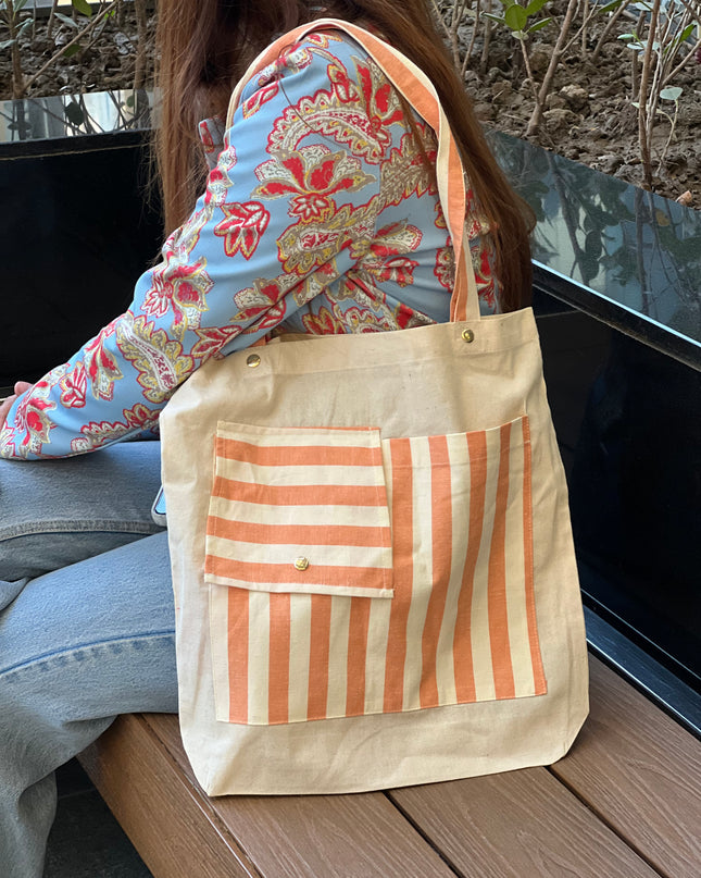 Dual-Pocket Striped Canvas Tote Bag