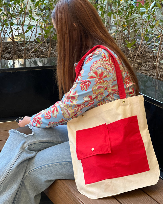 Red Dual Pocket Canvas Tote Bag