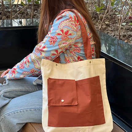 Brown Dual Pocket Canvas Tote Bag