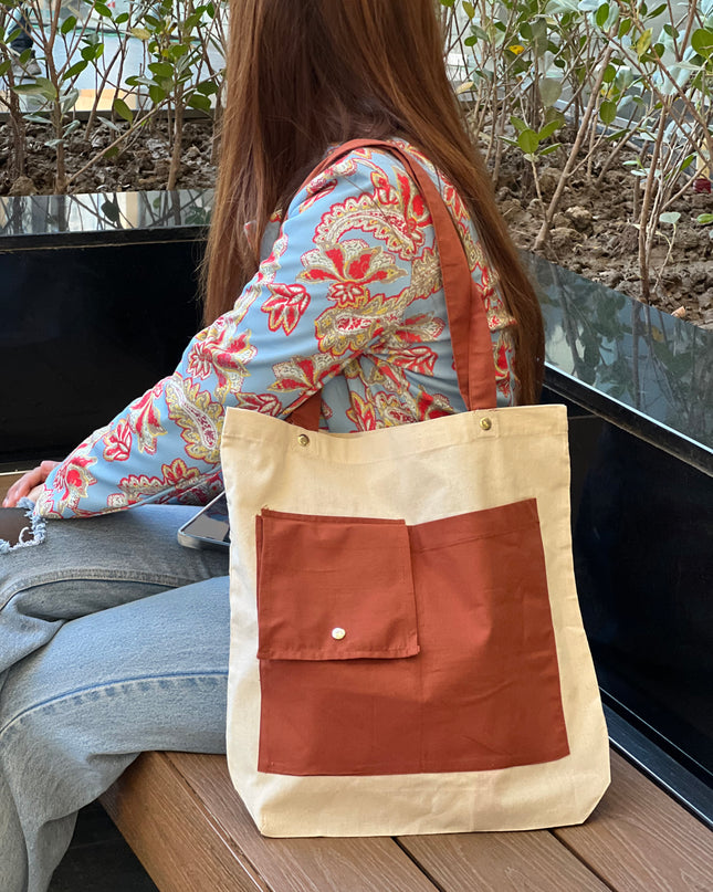 Brown Dual Pocket Canvas Tote Bag