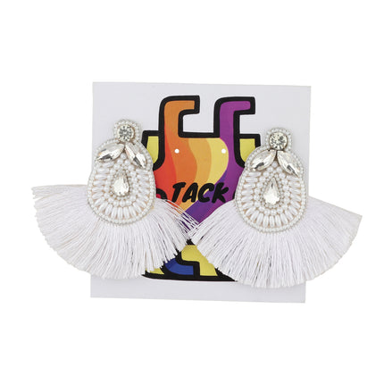 White Fan Fringe Stone Earrings