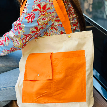 Orange Dual Pocket Canvas Tote Bag