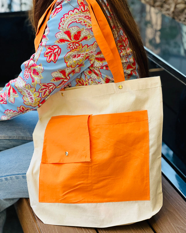 Orange Dual Pocket Canvas Tote Bag