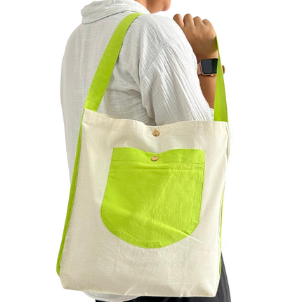 Lime Green Bold Striped Pocket Canvas Tote Bag