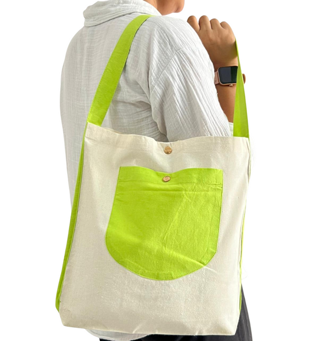 Lime Green Bold Striped Pocket Canvas Tote Bag