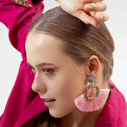 Multi Beaded Pink Fringe Fan Earrings