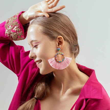 Multi Beaded Pink Fringe Fan Earrings