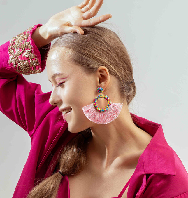 Multi Beaded Pink Fringe Fan Earrings