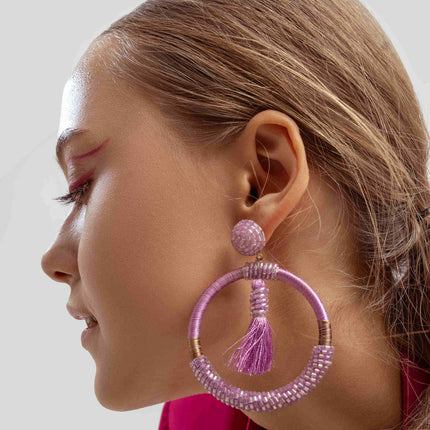 Purple Beaded Fringe Hoops - HASHTACK